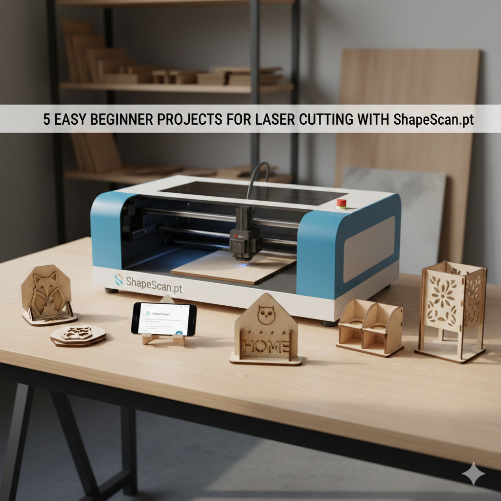 Five beginner-friendly laser cutting projects created from everyday objects scanned with ShapeScan: phone stand, keychain, bookmark, coaster, and simple box