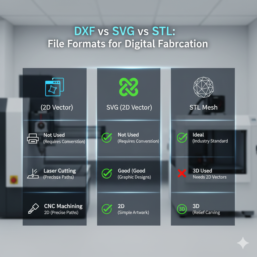 Comparison of DXF, SVG and STL file formats showing different applications in manufacturing