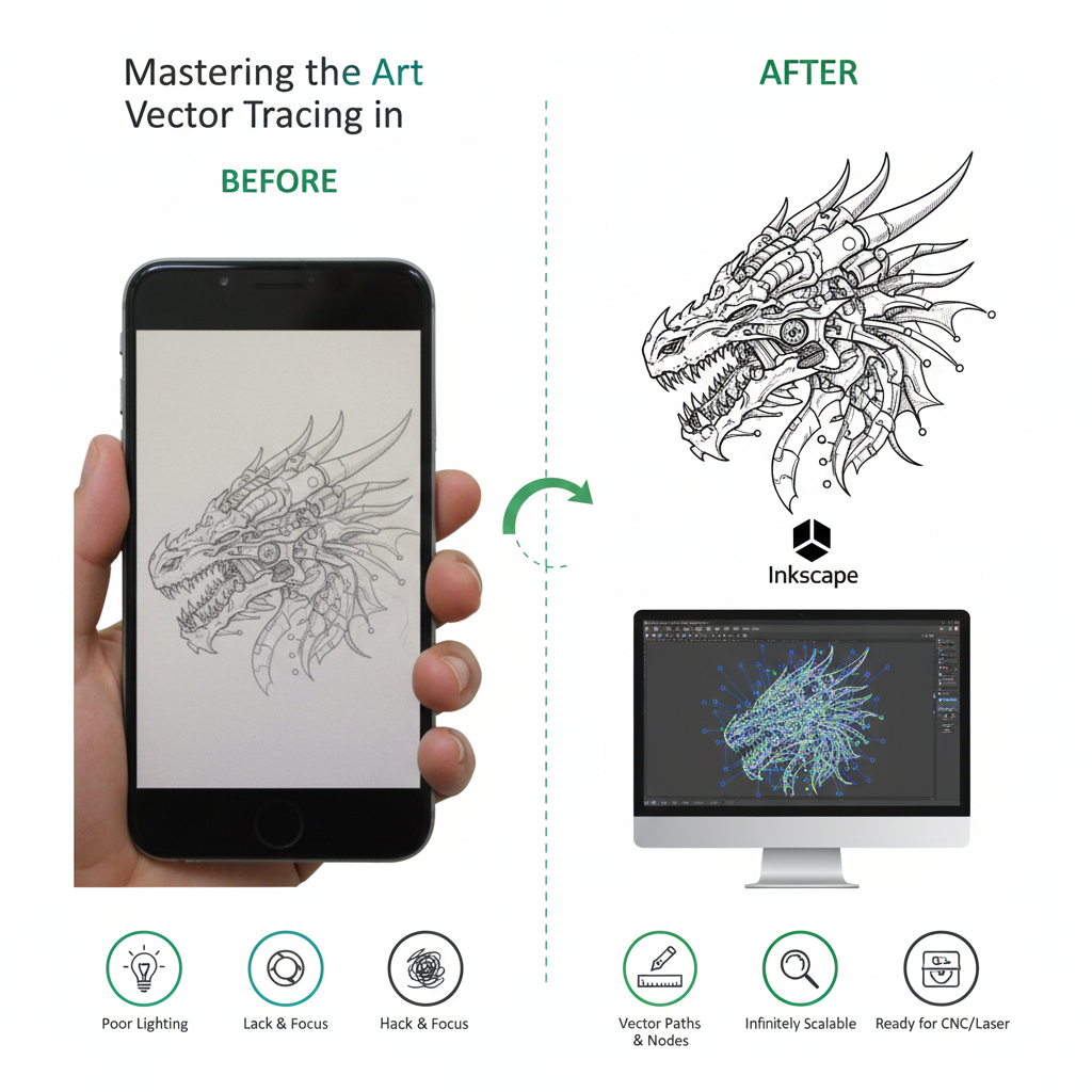 Side-by-side comparison of a poorly lit photo resulting in a jagged vector, and a well-lit photo creating a perfect, clean outline