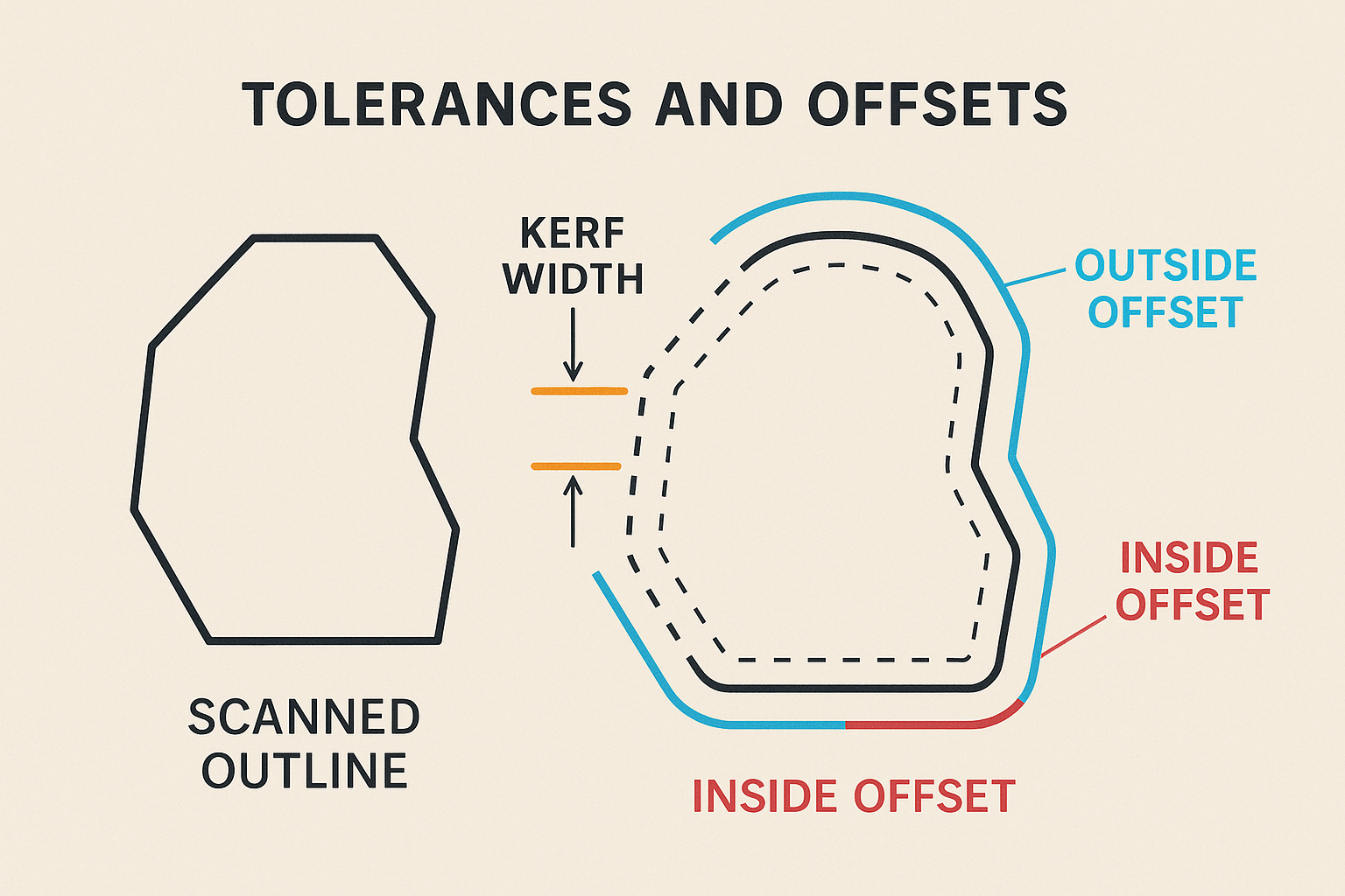 Diagram showing original ShapeScan outline, kerf width, and offset paths for laser cutting