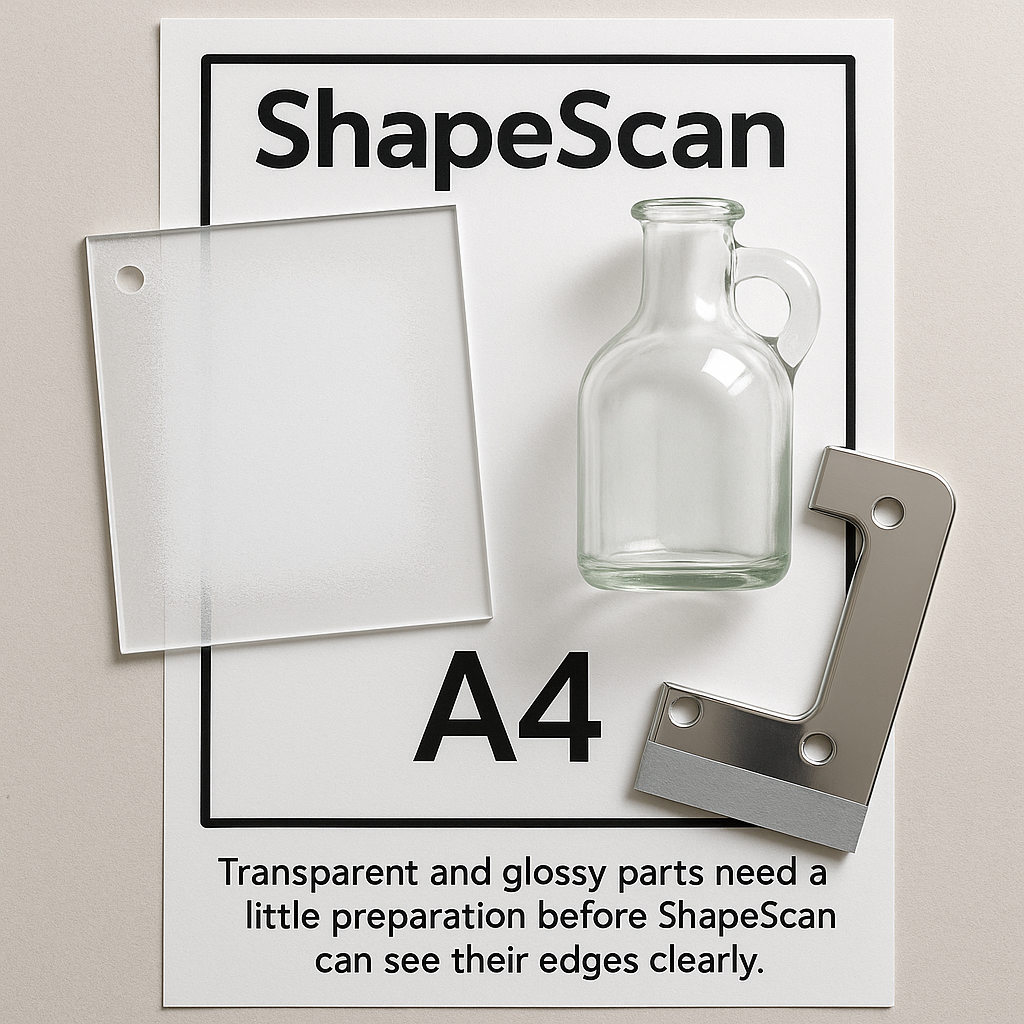 Transparent acrylic and glossy metal parts prepared on a ShapeScan A4 sheet with matte spray and tape