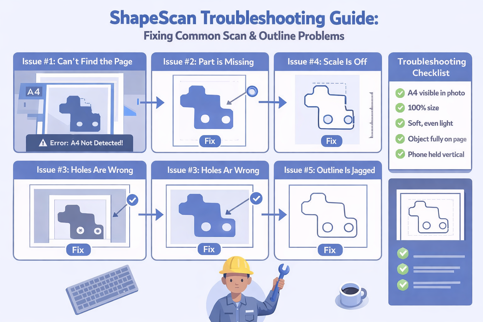 ShapeScan troubleshooting layout showing problematic scans next to corrected outlines