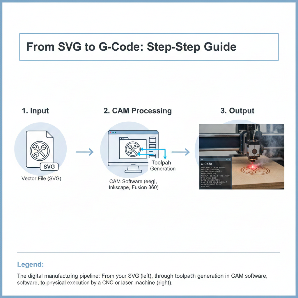 Visual workflow diagram showing an SVG file being processed in CAM software, generating toolpaths, and resulting in G-Code for a cutting machine