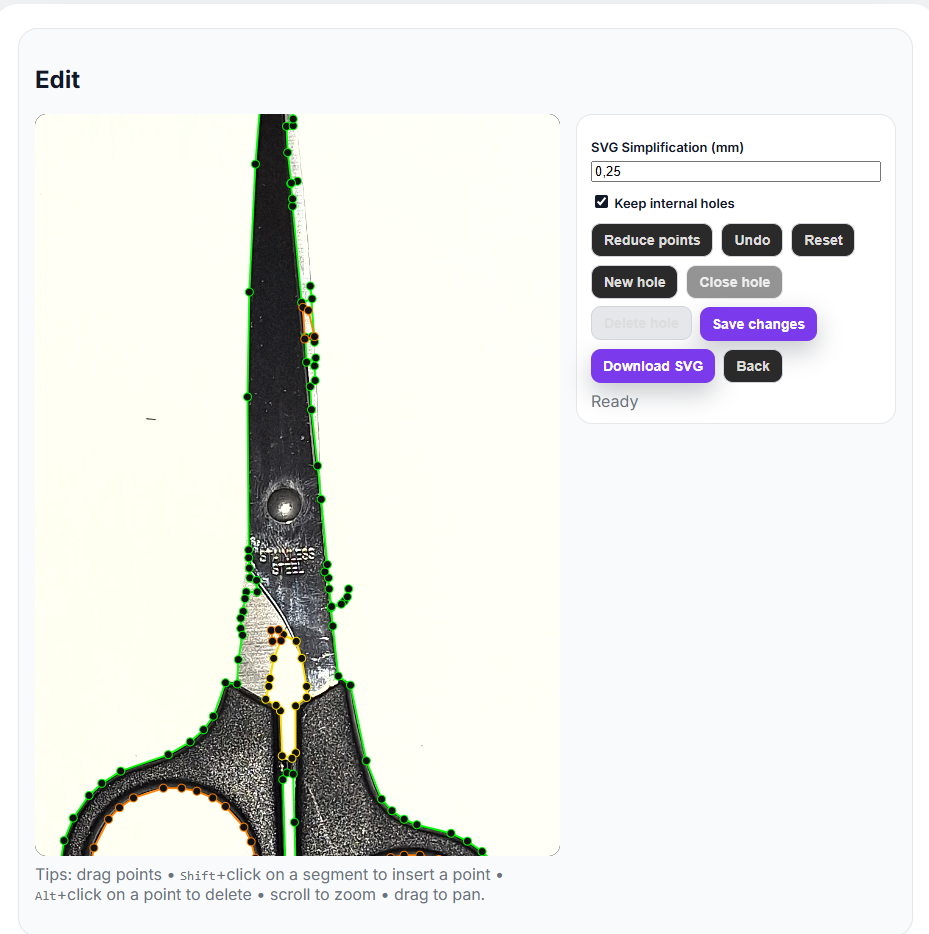 ShapeScan editor with contour points